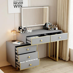 KEHUIBGAJ Grey Modern Vanity Table，with Lighted Mirror and 5 Spacious Drawers，Retractable Makeup Dressing Table with Nightstand，Indispensable Bedroom Furniture for Girls