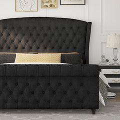 AMERLIFE King Size Platform Bed Frame, Velvet Upholstered Sleigh Bed with Scroll Wingback Headboard & Footboard/Button Tufted/No Box Spring Required/Easy Assembly/Black