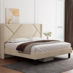 iPormis King Size Platform Bed Frame with Headboard, Upholstered Bed Frame with Solid Wood Slats, 8" Storage Space, No Box Spring Needed, Easy Assembly, Beige