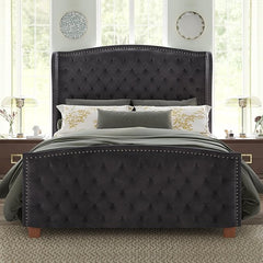 LUXOAK Luxurious King Size Bed Frame with 62" Headboard, Upholstered Platform Bed with Velvet Upholstery & Deep Button Tufted Wingback Headboard/No Box Spring Needed/Grey