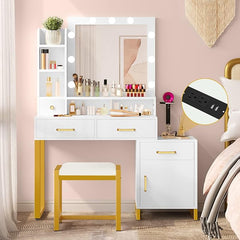 DWVO Makeup Vanity with Mirror and Lights, Vanity with Lights and Drawers, Vanity Mirror with Lights and Table Set, 3 Color Adjustable Lighting Brightness & Power Outlet, White