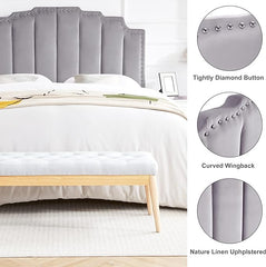 Kingfun Mid Century Headboard for Queen Size Bed, Velvet Upholstered Tufted Bed Headboard with Nailhead Decor, Adjustable Curved Solid Wood Head Board Vertical Channel Design (Medium Grey)