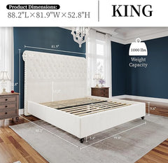 PaPaJet King Size Bed Frame Upholstered Bed Frame King with 52.8” Tall Headboard/Cream