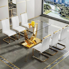 CRIPNAS 7 Pieces Dining Room Table Set,Modern Rectangular Glass Dining Table Set for 6,Golden Base Kitchen Table and Faux Pu Leather Chairs for Dining Kicken Room