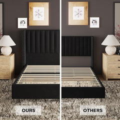 Jocisland Bed Frame Queen Size Upholstered Bed Wingback Headborad Velvet Channel Tufted/No Box Spring Needed/Black