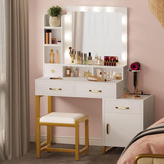 DWVO Makeup Vanity with Mirror and Lights, Vanity with Lights and Drawers, Vanity Mirror with Lights and Table Set, 3 Color Adjustable Lighting Brightness & Power Outlet, White