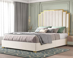 HOWE King Size Bed Frame and 65" Headboard, Upholstered Bed with Golden Plating Trim, Modern Platform Bed No Box Spring Needed, Cream