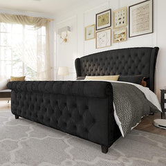 AMERLIFE King Size Platform Bed Frame, Velvet Upholstered Sleigh Bed with Scroll Wingback Headboard & Footboard/Button Tufted/No Box Spring Required/Easy Assembly/Black