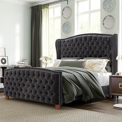 LUXOAK Luxurious King Size Bed Frame with 62" Headboard, Upholstered Platform Bed with Velvet Upholstery & Deep Button Tufted Wingback Headboard/No Box Spring Needed/Grey