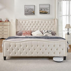 VanAcc Queen Size Platform Bed Frame, Wavy Velvet Wingback Upholstered Bed with Handmade Deep Button Tufted 52.9" Tall Headboard & Footboard/No Box Spring Needed/Cream