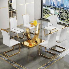 CRIPNAS 7 Pieces Dining Room Table Set,Modern Rectangular Glass Dining Table Set for 6,Golden Base Kitchen Table and Faux Pu Leather Chairs for Dining Kicken Room