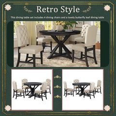 LCH 5-Piece Functional Furniture Retro Style, Extendable Round Set with Table and 4 Upholstered Chairs for Dining Living Room (Espresso)