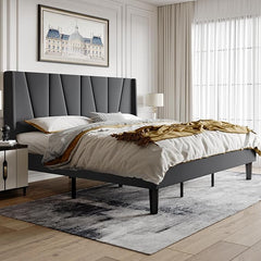 HOOMIC King Size Platform Bed Frame with Geometric Wingback Headboard, Wooden Slats Support, No Box Spring Needed, Modern Style in Dark Grey