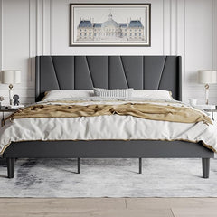 HOOMIC King Size Platform Bed Frame with Geometric Wingback Headboard, Wooden Slats Support, No Box Spring Needed, Modern Style in Dark Grey