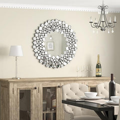 MUAUSU Round Crystal Decorative Wall Mirror 23”x23” Gorgeous Silver Accent Mirror for Wall Decor Bathroom Bedroom Living Room Dining Room