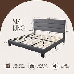 WEEWAY King Bed Frame Platform Bed with Linen Fabric Upholstered Headboard and Wooden Slats Support, Heavy Duty Mattress Foundation, No Box Spring Needed, Easy Assembly, Dark Grey