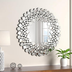 MUAUSU Round Crystal Decorative Wall Mirror 23”x23” Gorgeous Silver Accent Mirror for Wall Decor Bathroom Bedroom Living Room Dining Room